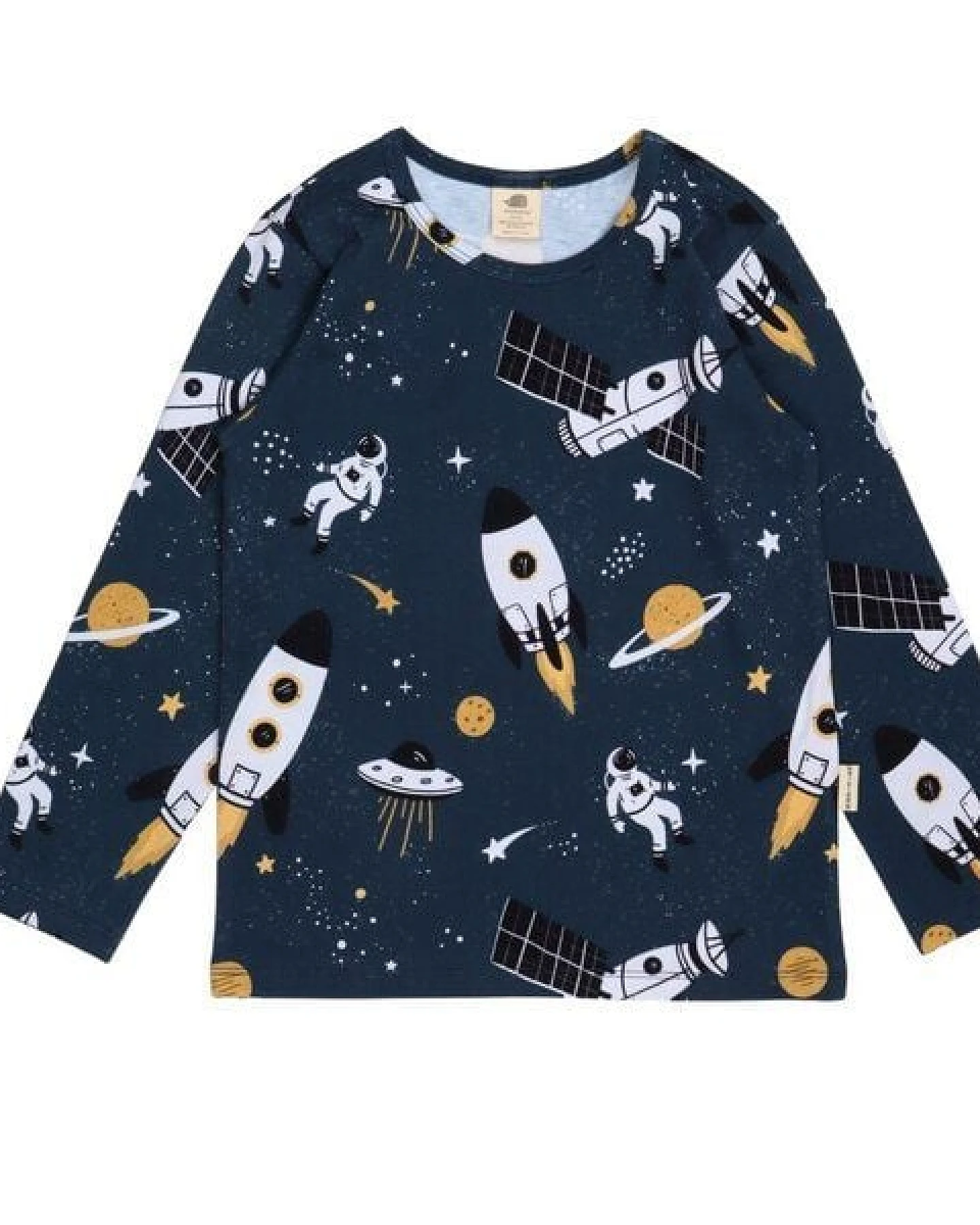 Langarmshirt Kinder Bio-Baumwolle Space Trip dunkelblau GOTS zertifiziert weiches Jerseyshirt von Walkiddy unisex Motiv mit Planeten nachhaltige Kinder Mode für Alltag Kita Schule – Ansicht 3