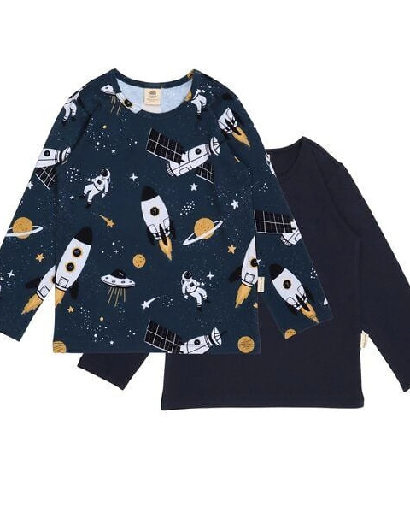 Langarmshirt Kinder Bio-Baumwolle Space Trip dunkelblau GOTS zertifiziert weiches Jerseyshirt von Walkiddy unisex Motiv mit Planeten nachhaltige Kinder Mode für Alltag Kita Schule – Ansicht 2