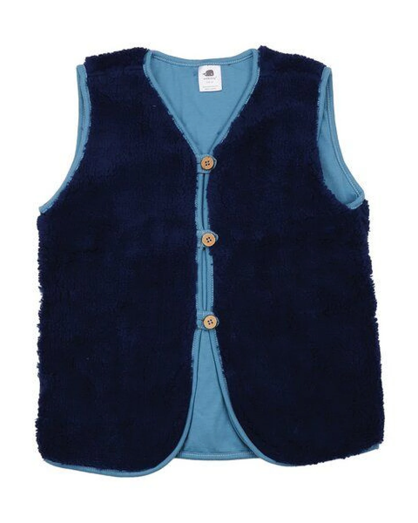 Kinder Fleeceweste GOTS-zertifiziert aus Bio-Baumwolle, navy mit hellblauem Futter, Druckknöpfe vorne – Walkiddy Fleece Vest, weich & wärmend – Ansicht 2