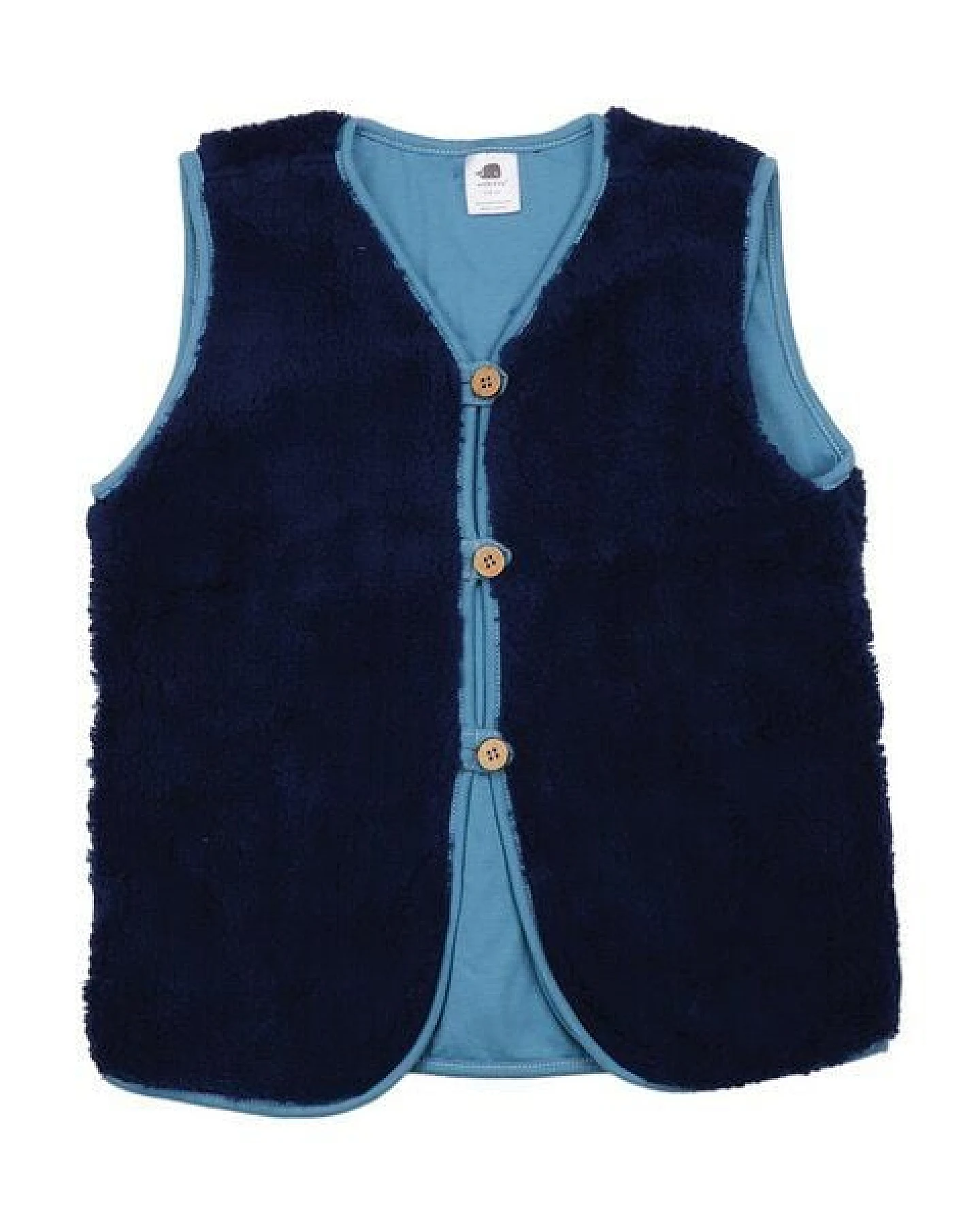 Kinder Fleeceweste GOTS-zertifiziert aus Bio-Baumwolle, navy mit hellblauem Futter, Druckknöpfe vorne – Walkiddy Fleece Vest, weich & wärmend – Ansicht 2
