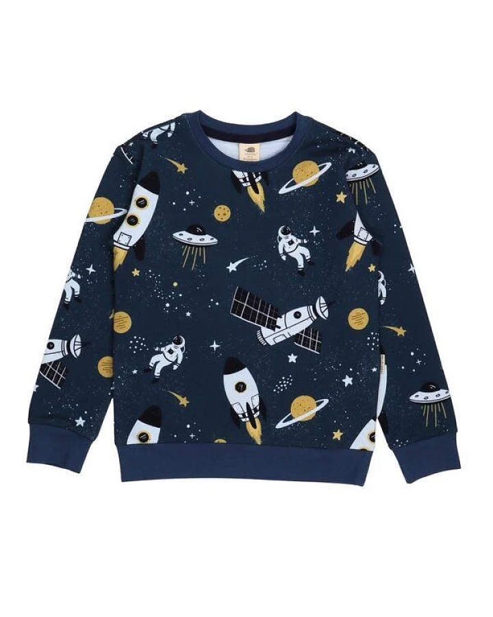 Kinder Sweatshirt Bio-Baumwolle GOTS "Space Trip" dunkelblau – veganes, fair produziertes Walkiddy Sweatshirt mit Weltraum-Print, kuschelig für Alltag, Kita und Schule