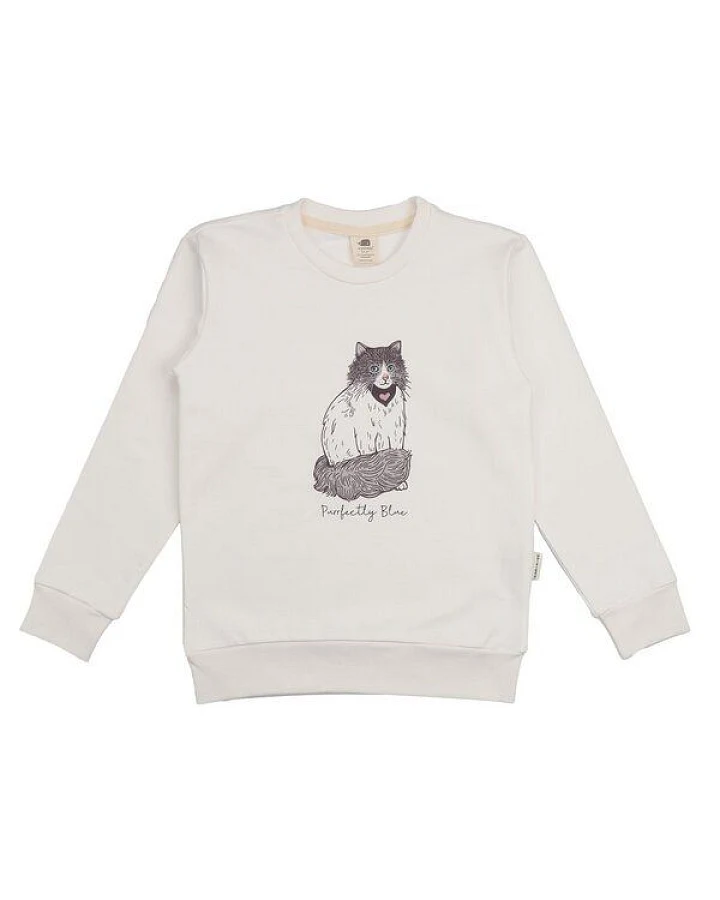 Kinder Sweatshirt – Cremeweiß mit Katzenmotiv, weich & bequem, wärmend, alltagstauglich, gut kombinierbar