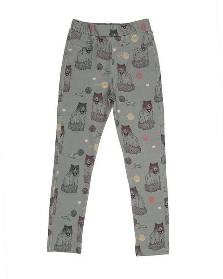 Kinder Sweat-Leggings GOTS-zertifiziert aus Bio-Baumwolle, grau mit Katzen-Print, elastischer Bund – Walkiddy, weich & bequem für jeden Tag