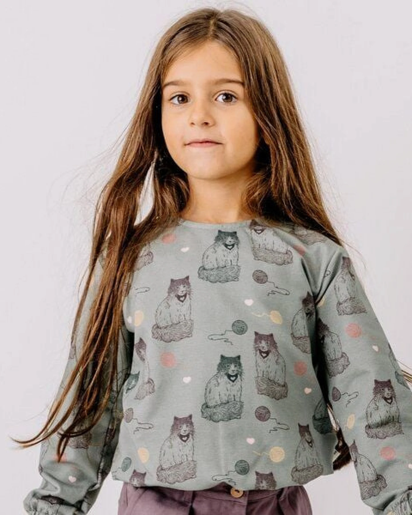 Kinder Sweatshirt GOTS-zertifiziert aus Bio-Baumwolle, grau mit Katzen-Print, langarm – Walkiddy, weich, hautfreundlich & alltagstauglich – Ansicht 2
