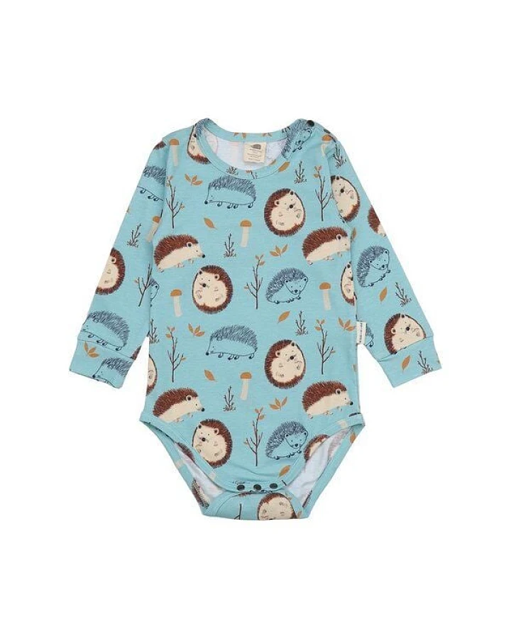 Baby Langarmbody GOTS zertifiziert, Bio-Baumwolle, hellblau, Igel-Muster „Tiny Hedgehogs“, weich – Walkiddy