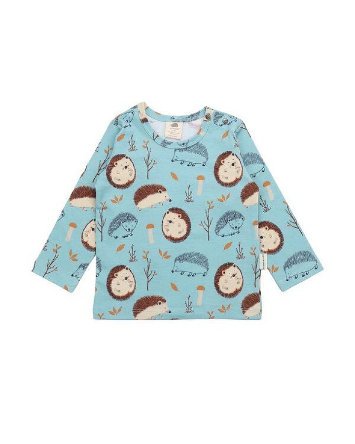 Baby Langarmshirt GOTS zertifiziert, Bio-Baumwolle, hellblau, Igel-Muster „Tiny Hedgehogs“, weich – Walkiddy