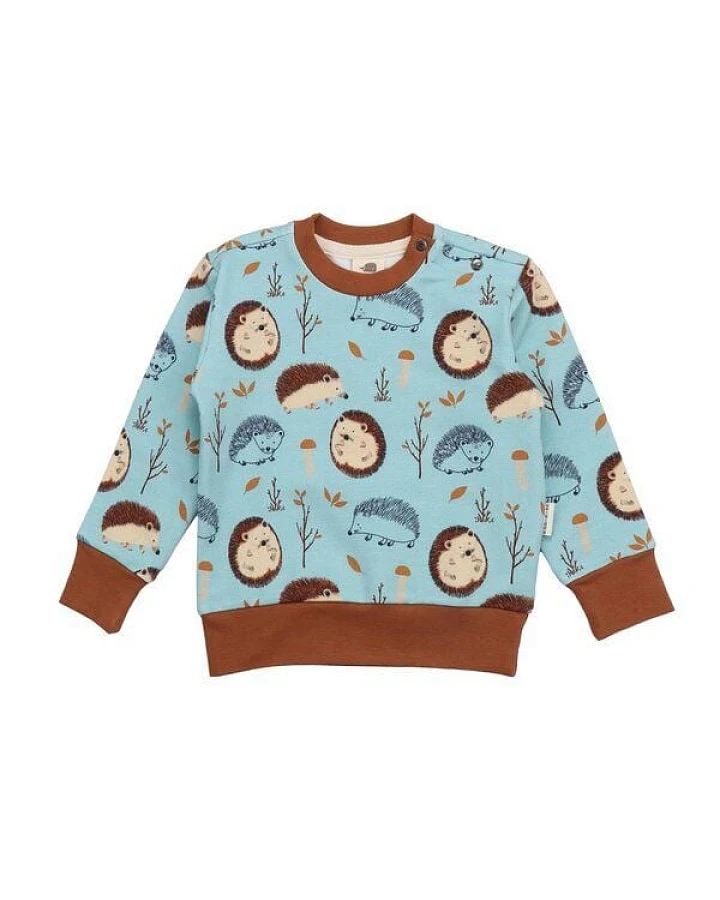 Kinder Sweatshirt GOTS zertifiziert – Hellblau mit Igelmuster, braune Bündchen, weich & bequem