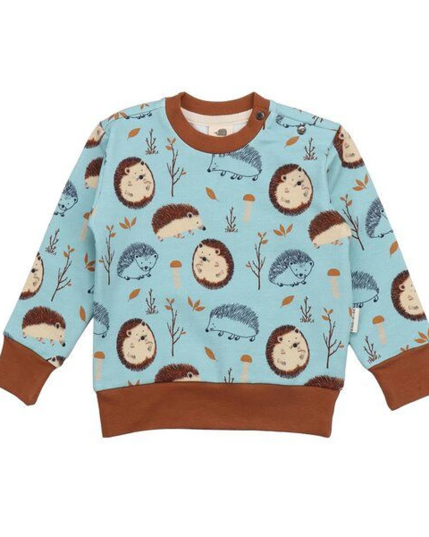 Kinder Sweatshirt GOTS zertifiziert – Hellblau mit Igelmuster, braune Bündchen, weich & bequem – Ansicht 2