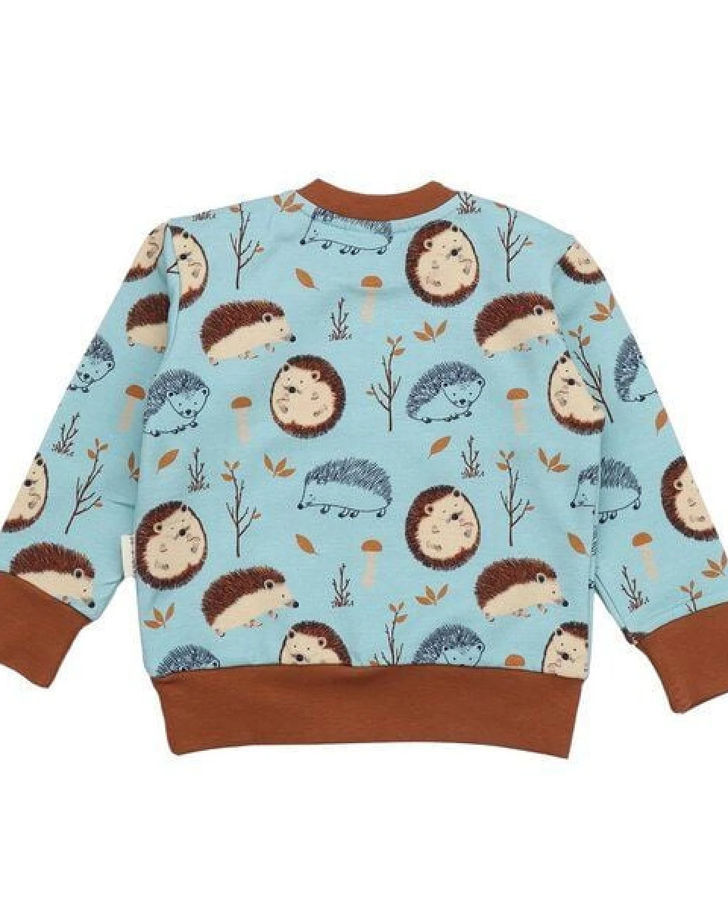 Kinder Sweatshirt GOTS zertifiziert – Hellblau mit Igelmuster, braune Bündchen, weich & bequem – Ansicht 3