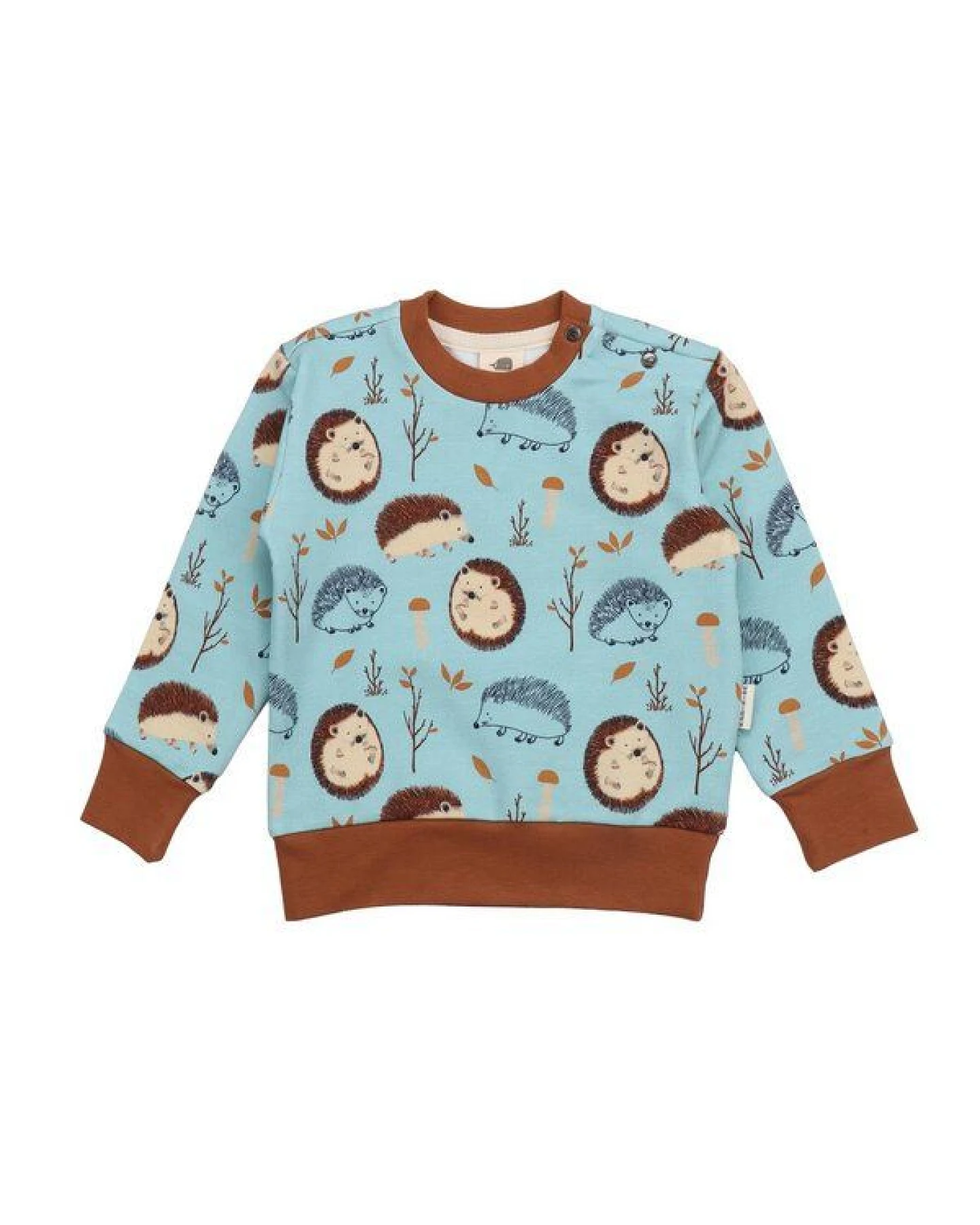 Kinder Sweatshirt GOTS zertifiziert – Hellblau mit Igelmuster, braune Bündchen, weich & bequem – Ansicht 2