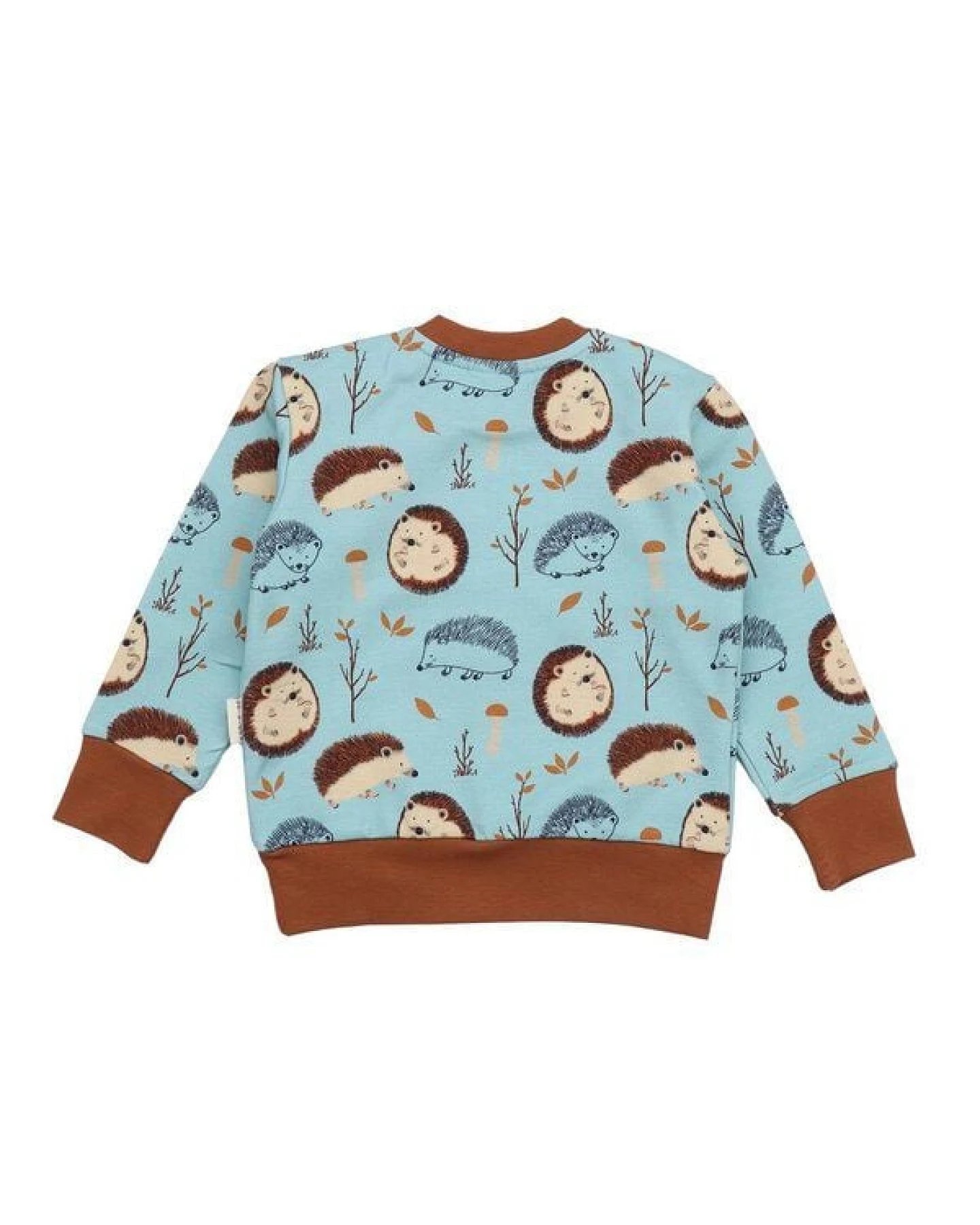 Kinder Sweatshirt GOTS zertifiziert – Hellblau mit Igelmuster, braune Bündchen, weich & bequem – Ansicht 3