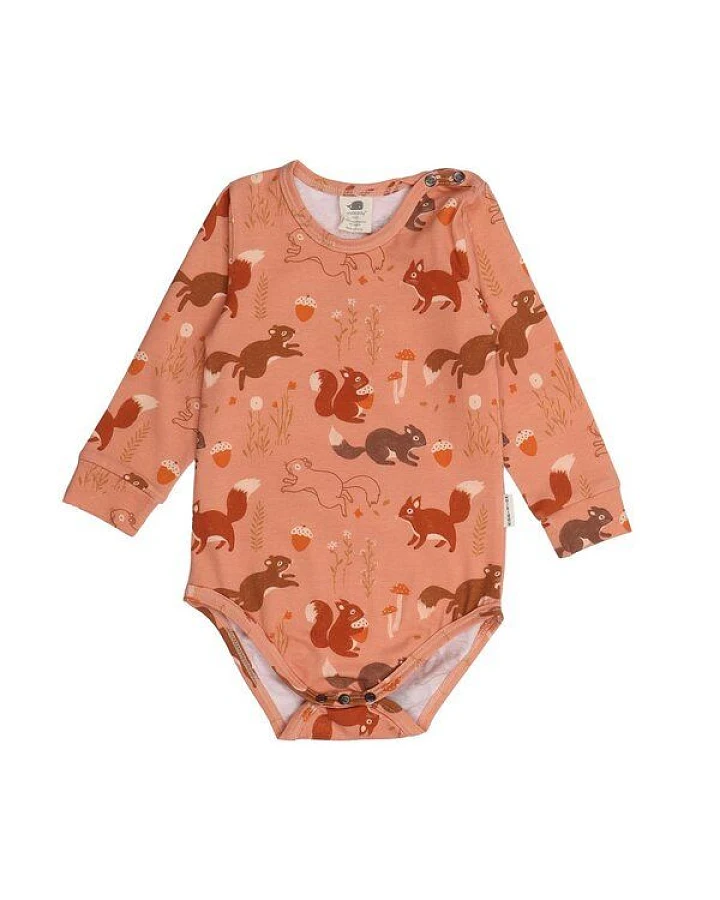 Baby Langarmbody GOTS zertifiziert, Bio-Baumwolle, terracotta, Eichhörnchen-Muster, weich, Druckknöpfe – Walkiddy