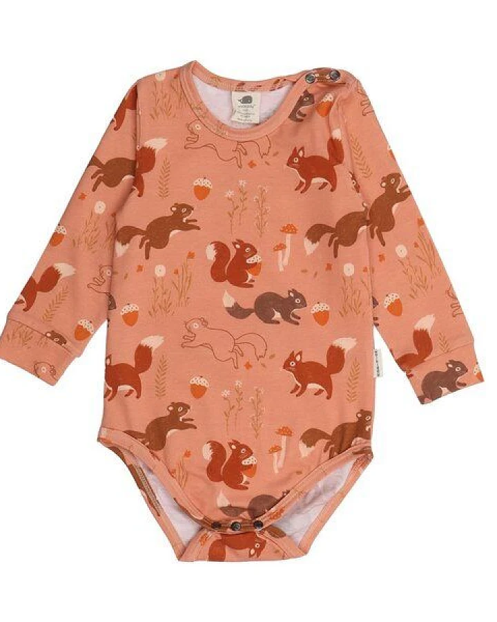 Baby Langarmbody GOTS zertifiziert, Bio-Baumwolle, terracotta, Eichhörnchen-Muster, weich, Druckknöpfe – Walkiddy