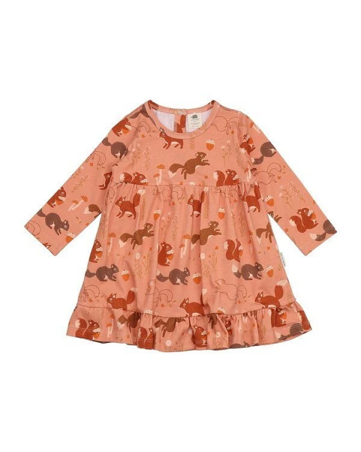 Kinder Kleid – Altrosa mit Eichhörnchenmotiv, langärmelig, weich & bequem, locker fallend, alltagstauglich