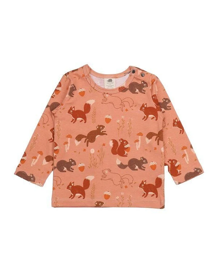 Kinder Langarmshirt GOTS-zertifiziert aus Bio-Baumwolle terrakotta mit Eichhörnchen-Muster – Walkiddy