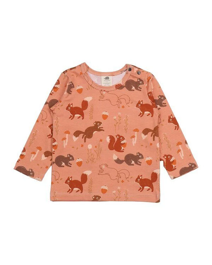 Kinder Langarmshirt GOTS-zertifiziert aus Bio-Baumwolle terrakotta mit Eichhörnchen-Muster – Walkiddy