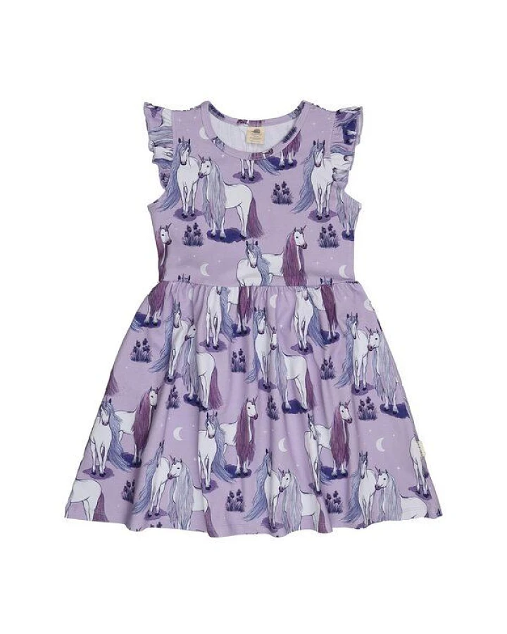 Kinder Kleid GOTS-zertifiziert aus Bio-Baumwolle lila mit Einhorn-Muster – Walkiddy