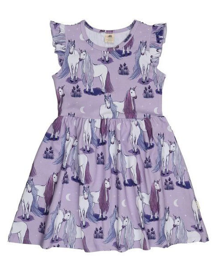 Kinder Kleid GOTS-zertifiziert aus Bio-Baumwolle lila mit Einhorn-Muster – Walkiddy