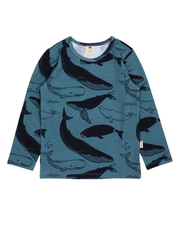 Langarmshirt Kinder Bio-Baumwolle Whale Friends blau GOTS zertifiziert weiches Walkiddy Jerseyshirt mit Walen Motiv hautfreundlich vegan nachhaltige Kinder Mode für Alltag Kita Strand