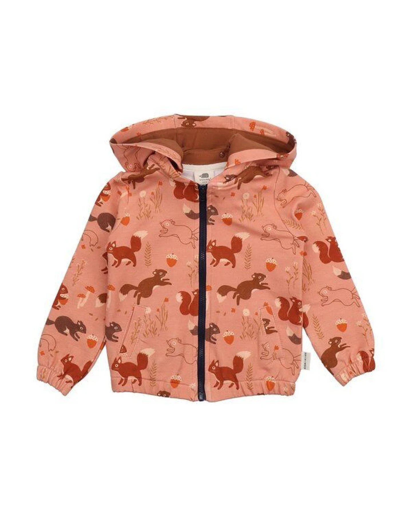 Kinder Sweatjacke GOTS zertifiziert, Bio-Baumwolle, terracotta, Eichhörnchen-Muster „Tiny Squirrels“, Reißverschluss – Walkiddy – Ansicht 2