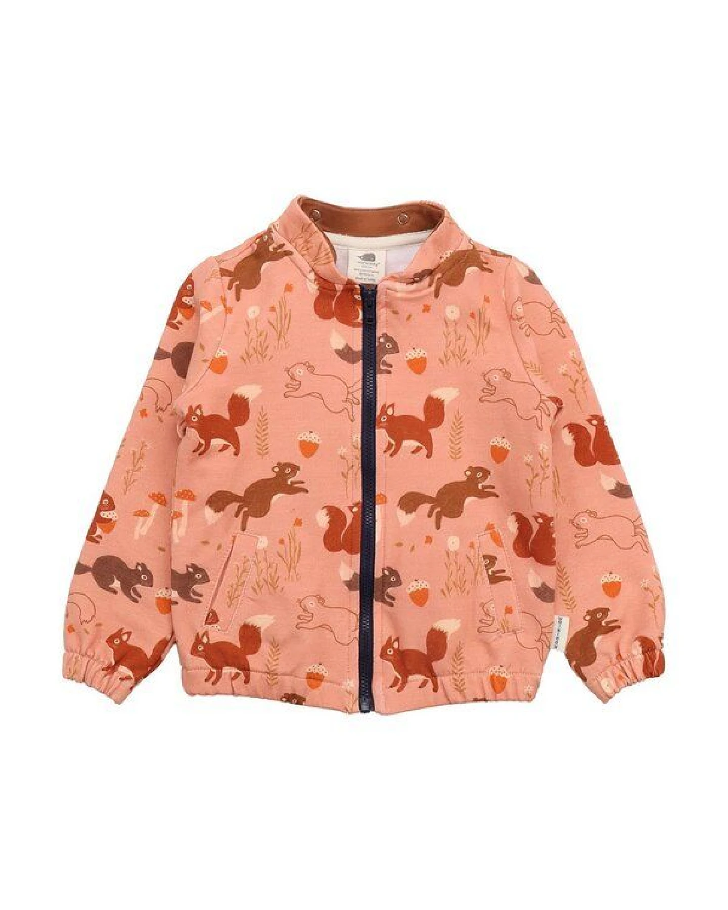 Kinder Sweatjacke GOTS zertifiziert, Bio-Baumwolle, terracotta, Eichhörnchen-Muster „Tiny Squirrels“, Reißverschluss – Walkiddy – Ansicht 3