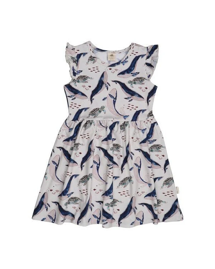 Kinder Kleid GOTS-zertifiziert aus Bio-Baumwolle, Wal- und Meeresschildkröten-Print, ärmellos, leicht – Walkiddy, maritim, weich & nachhaltig