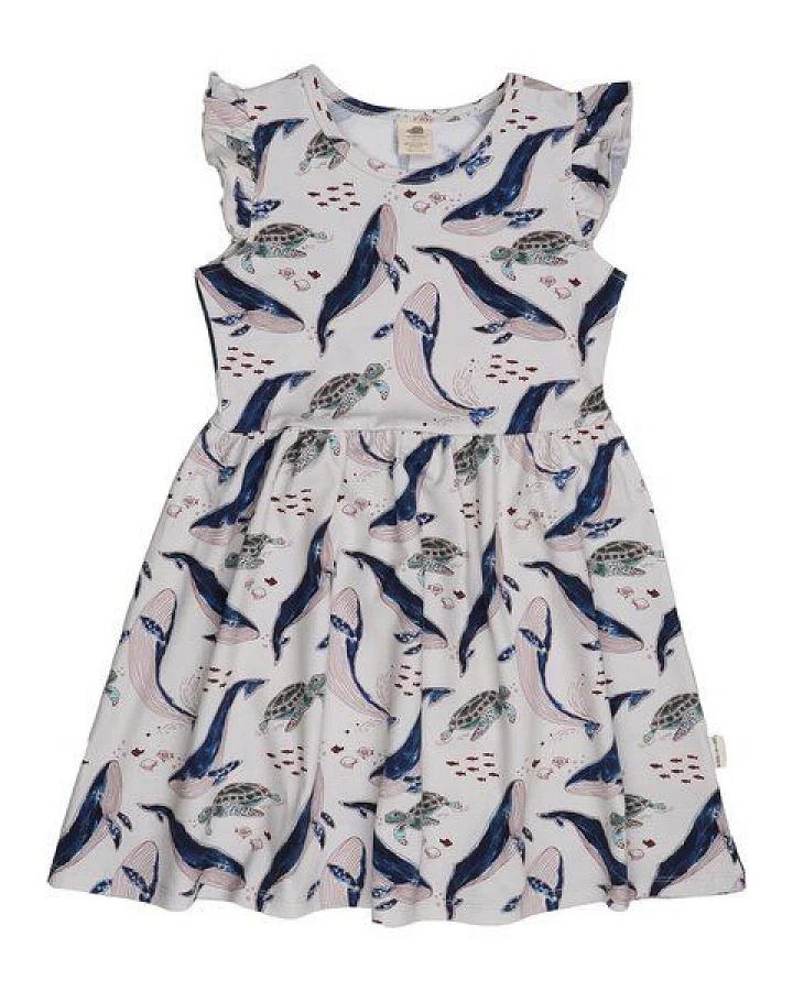 Kinder Kleid GOTS-zertifiziert aus Bio-Baumwolle, Wal- und Meeresschildkröten-Print, ärmellos, leicht – Walkiddy, maritim, weich & nachhaltig