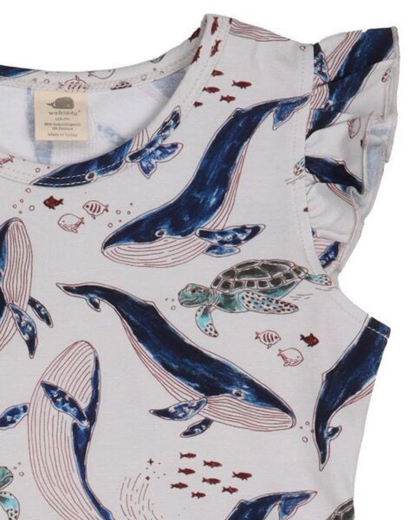 Kinder Kleid GOTS-zertifiziert aus Bio-Baumwolle, Wal- und Meeresschildkröten-Print, ärmellos, leicht – Walkiddy, maritim, weich & nachhaltig – Ansicht 3