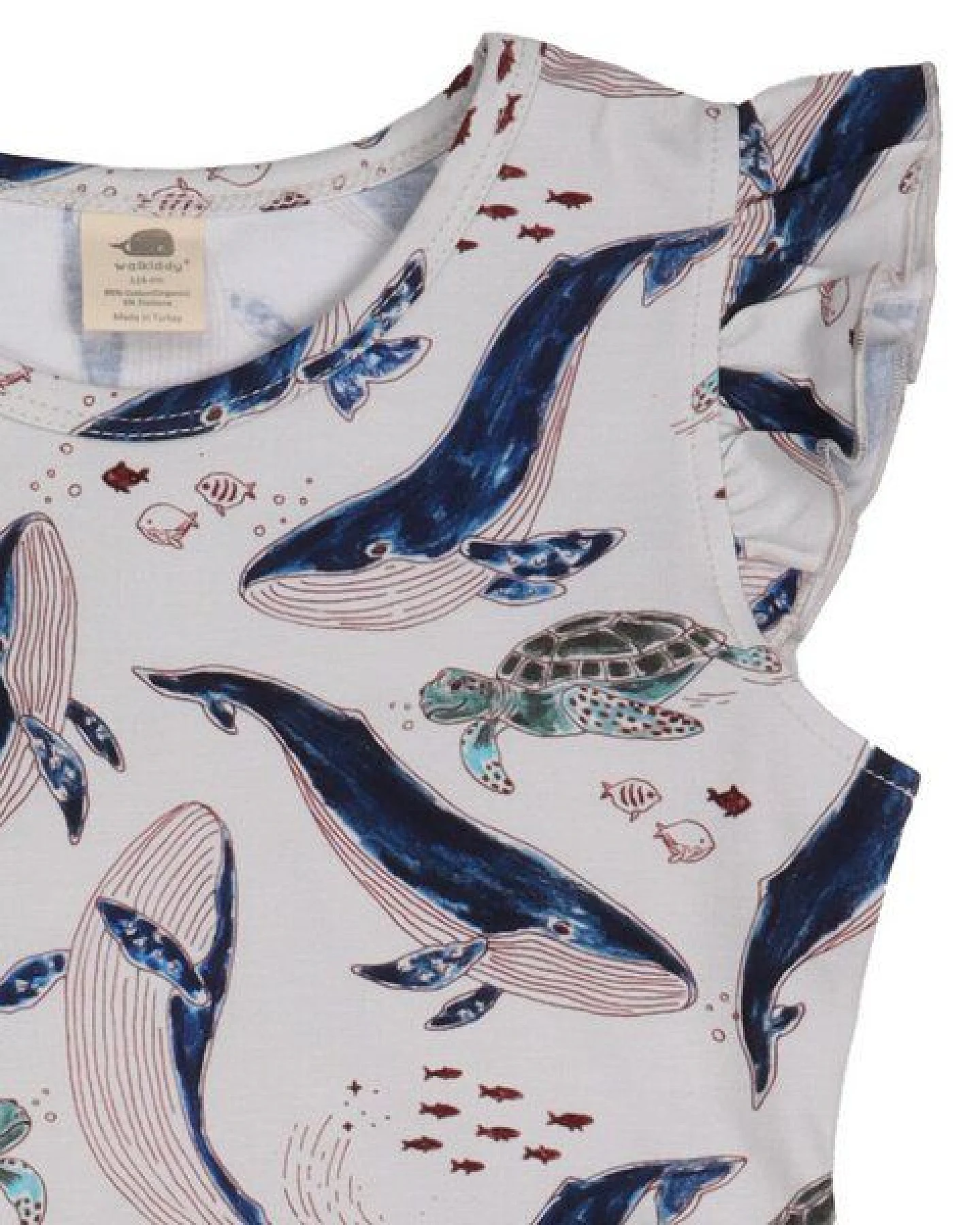 Kinder Kleid GOTS-zertifiziert aus Bio-Baumwolle, Wal- und Meeresschildkröten-Print, ärmellos, leicht – Walkiddy, maritim, weich & nachhaltig – Ansicht 3