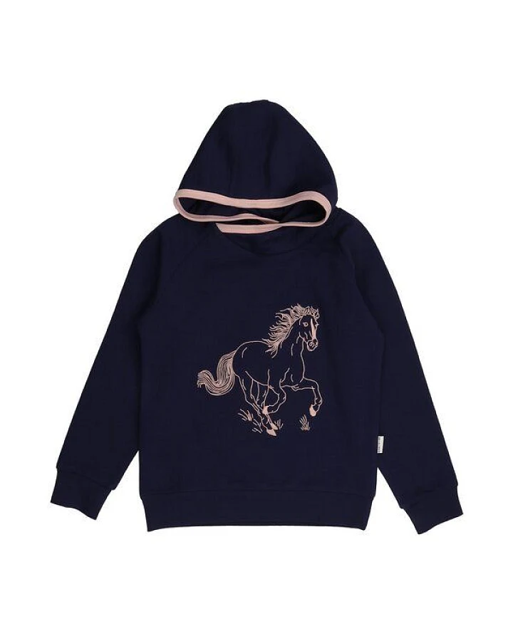 Kinder Kapuzensweatshirt GOTS-zertifiziert aus Bio-Baumwolle dunkelblau mit Pferde-Motiv – Walkiddy