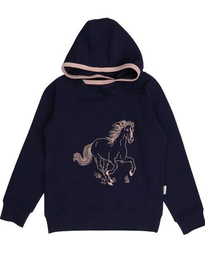Kinder Kapuzensweatshirt GOTS-zertifiziert aus Bio-Baumwolle dunkelblau mit Pferde-Motiv – Walkiddy