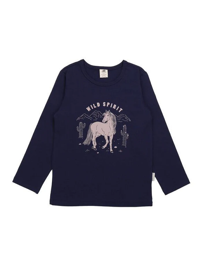 Kinder Langarmshirt GOTS zertifiziert, navy, Pferde-Print, Bio-Baumwolle – Walkiddy
