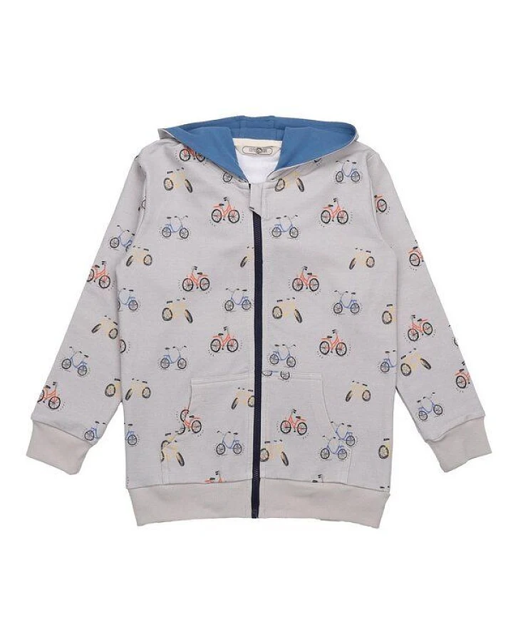 Cotokids Kinder Sweatjacke GOTS zertifiziert, Bio-Baumwolle, grau, Fahrrad-Muster, Kapuze, Reißverschluss – Walkiddy