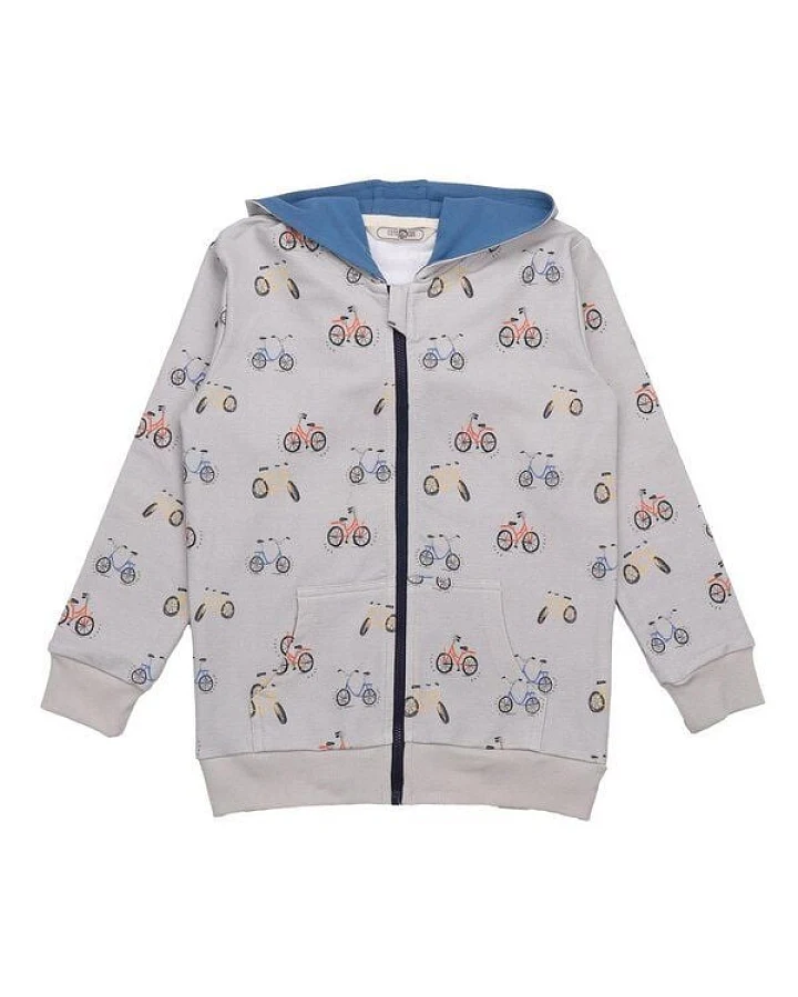 Cotokids Kinder Sweatjacke GOTS zertifiziert, Bio-Baumwolle, grau, Fahrrad-Muster, Kapuze, Reißverschluss – Walkiddy