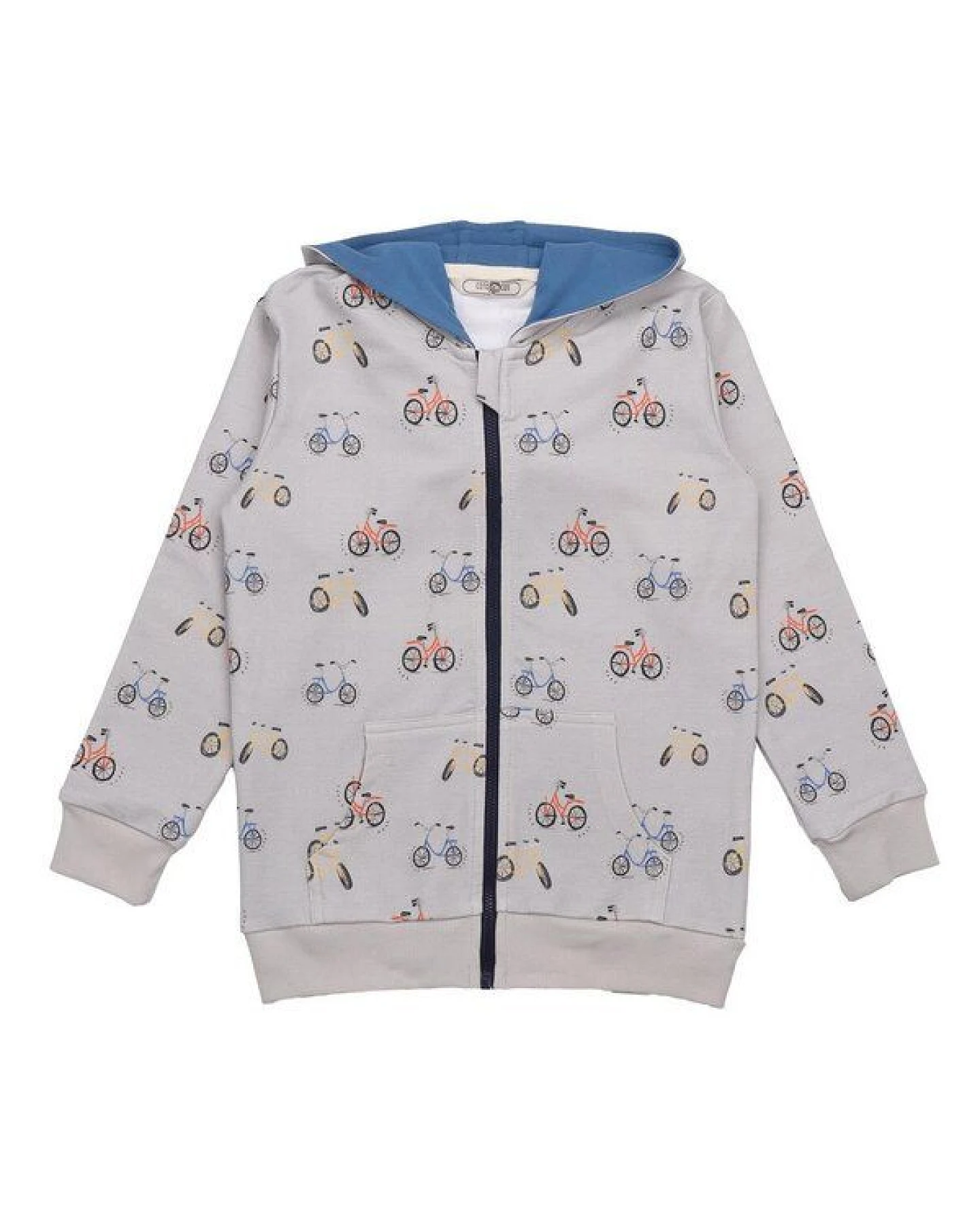 Cotokids Kinder Sweatjacke GOTS zertifiziert, Bio-Baumwolle, grau, Fahrrad-Muster, Kapuze, Reißverschluss – Walkiddy – Ansicht 2