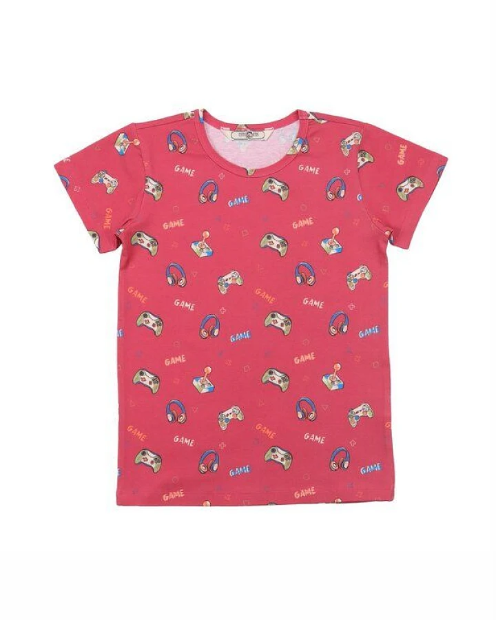 Cotokids Kinder T-Shirt – Korallrot mit kleinem Muster, Kurzarm, weich & bequem