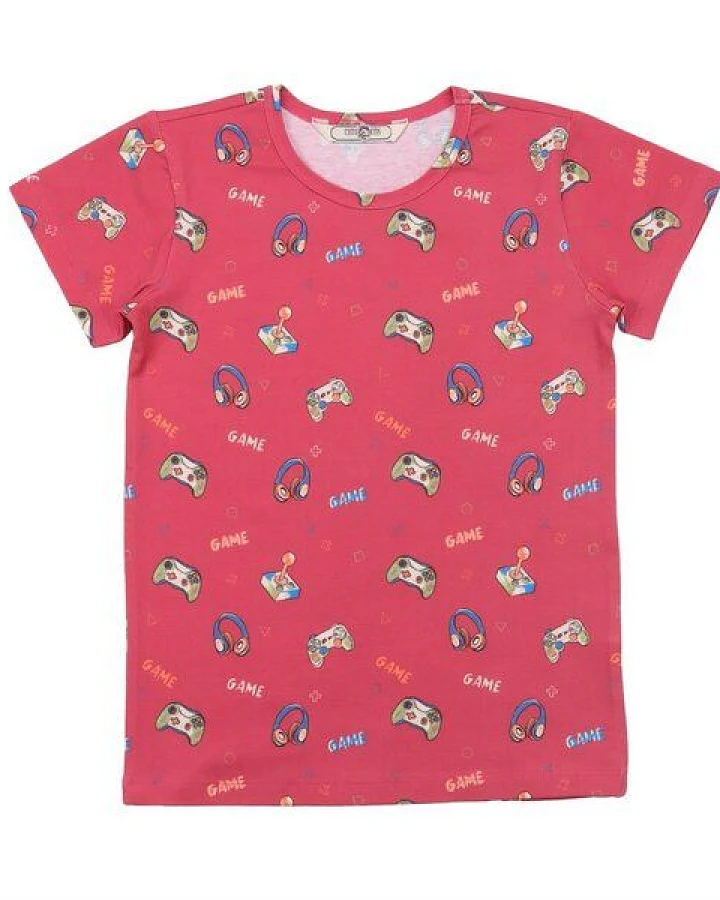 Cotokids Kinder T-Shirt – Korallrot mit kleinem Muster, Kurzarm, weich & bequem
