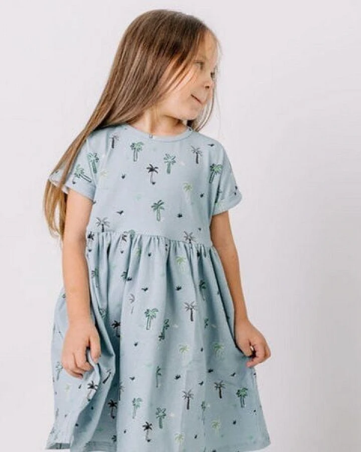 Cotokids Kinder Kleid Baumwolle, Hellblau, Palmen-Muster, Walkiddy