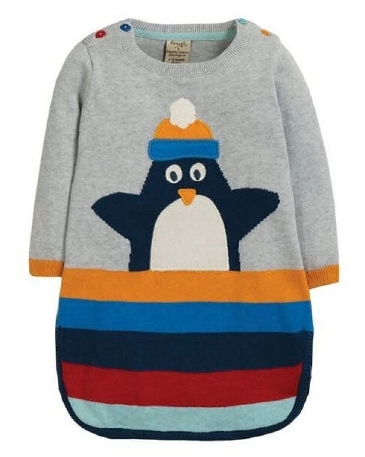 Frugi Kleid Pinguin gestrickt in grau-bunt
