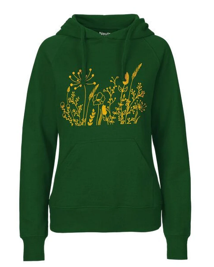 HANDGEDRUCKT "Wilde Wiese" Frauen HOODY aus reiner Biobaumwolle (kbA)