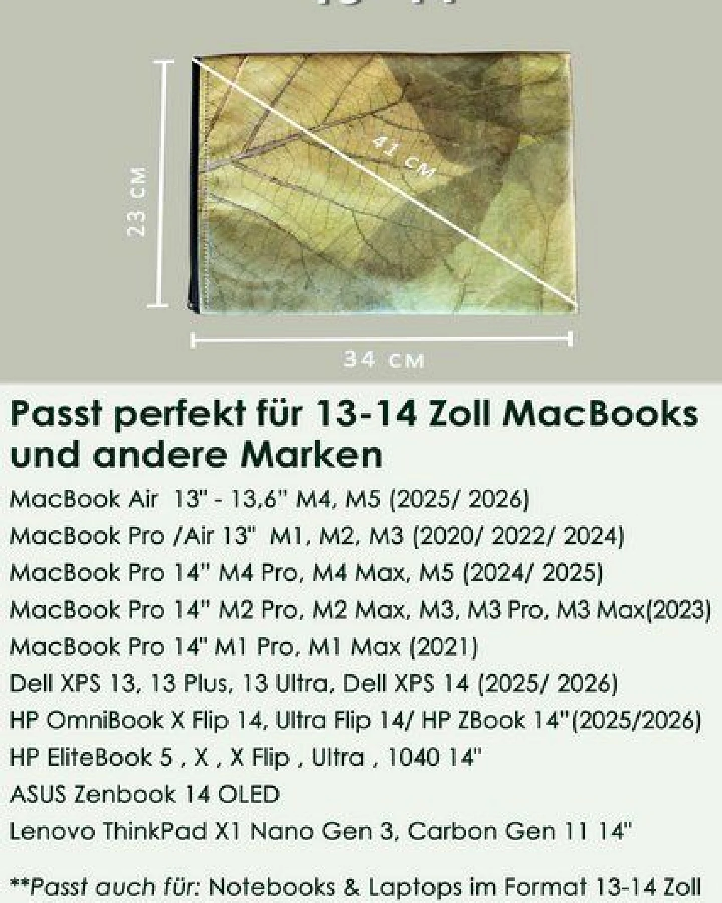 BY COPALA Gefütterte nachhaltige Laptop Hülle 13–14 Zoll aus Blattleder – Handgenähte vegane Laptoptasche mit Zipper, wasserabweisendes Laptop Case, Unikat für MacBook Air & Pro in grün – Ansicht 2