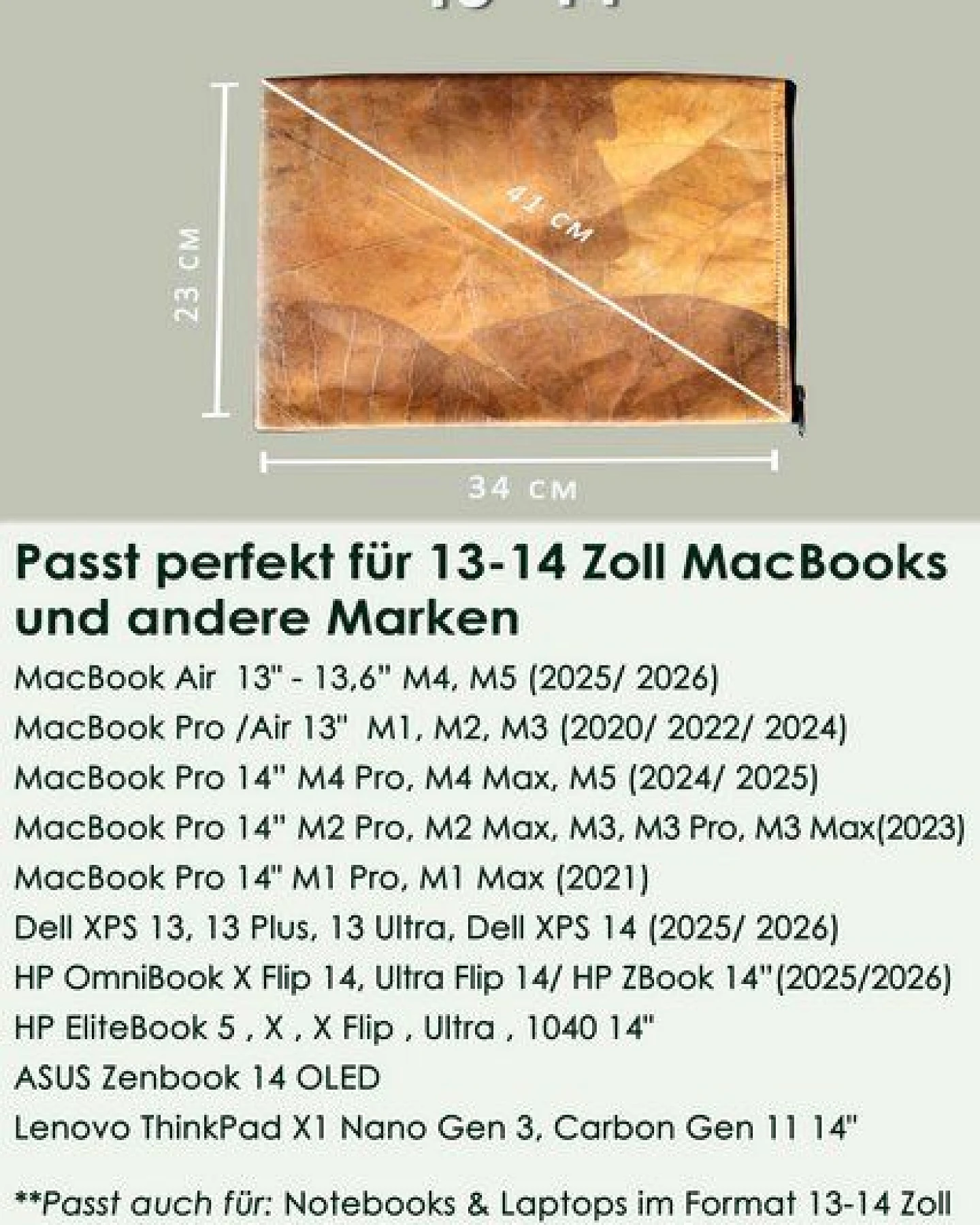 BY COPALA Gefütterte nachhaltige Laptop Hülle 13–14 Zoll aus Blattleder – Handgenähte vegane Laptoptasche mit Zipper, wasserabweisendes Laptop Case, Unikat für MacBook Air & Pro in gelb – Ansicht 2