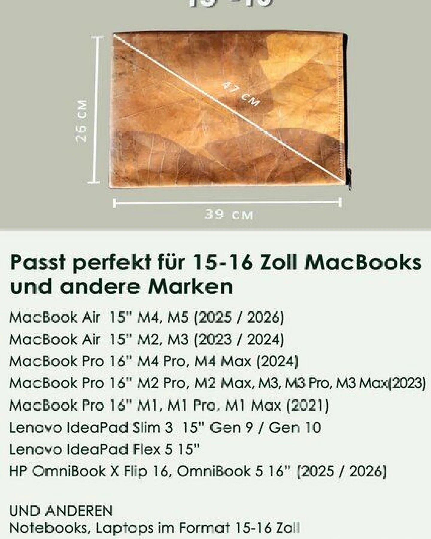 BY COPALA Nachhaltige 15–16 Zoll Laptoptasche aus Teak-Blattleder – Ansicht 2