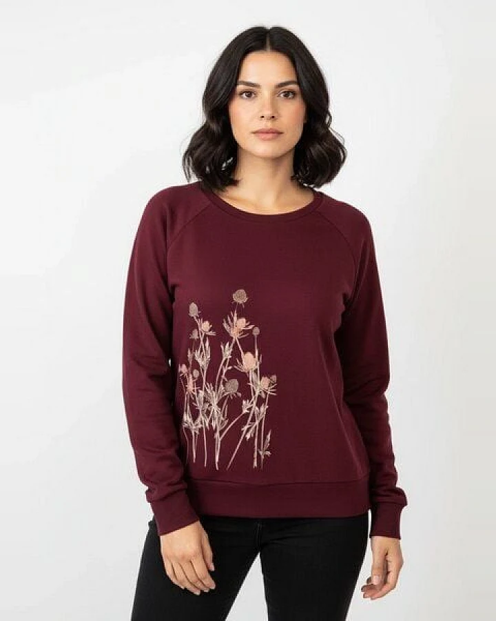 Spangeltangel Pullover, "Distel" burgund, Sweatshirt, Damen, bedruckt, Bio-Baumwolle