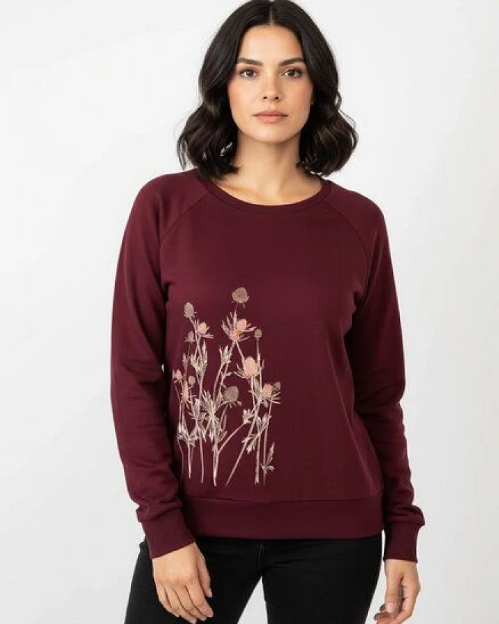 Spangeltangel Pullover, "Distel" burgund, Sweatshirt, Damen, bedruckt, Bio-Baumwolle