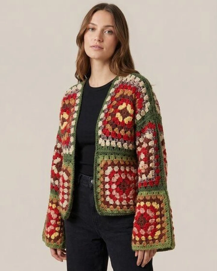 KnitToChange Gehäkelte Granny-Square-Strickjacke in warmen Herbsttönen