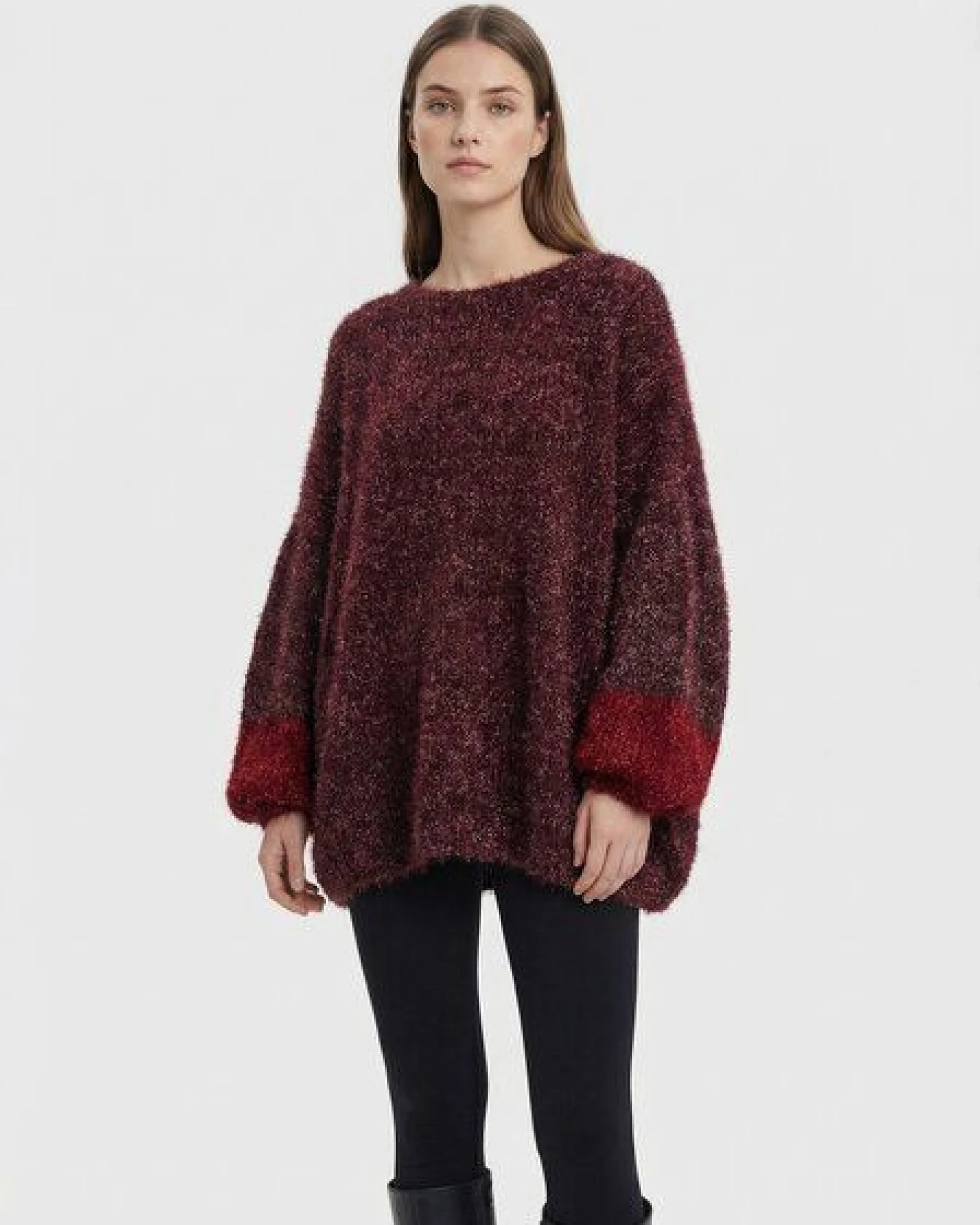 KnitToChange Oversize-Pullover aus weichem Effektgarn in Burgund- und Rottönen – Ansicht 2