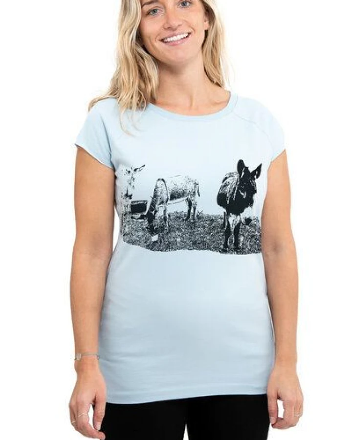 Hirschkind Fair-Trade-Frauenshirt mit Raglanärmeln "Eselcombo" - Made in Kenia - hellgrau