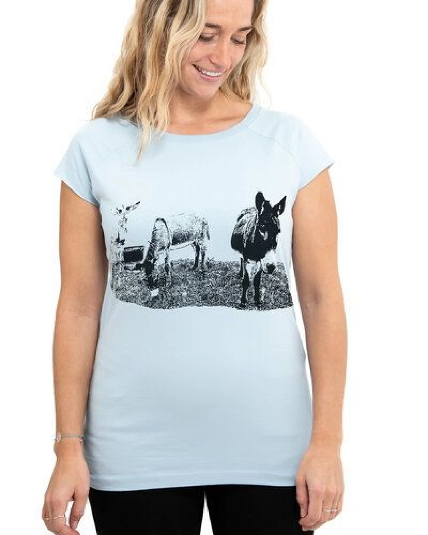 Hirschkind Fair-Trade-Frauenshirt mit Raglanärmeln "Eselcombo" - Made in Kenia - hellgrau – Ansicht 2