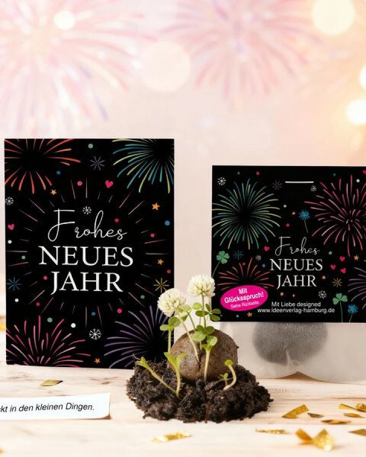 Ideenverlag Hamburg 10 „Silvester“ Klee-Samenbomben mit Glücksspruch & 10 Geschenkkarten „Frohes Neues Jahr“